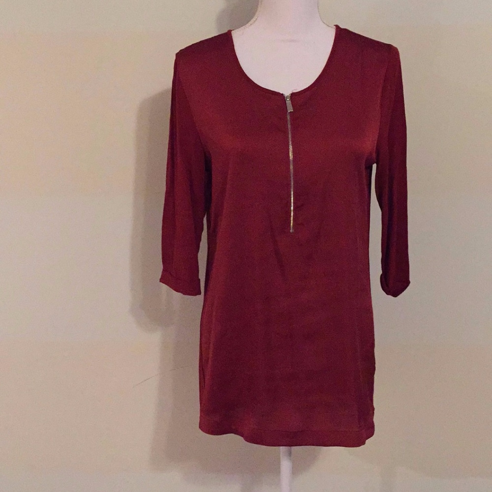 Vince Camuto Burnt Orange Rust 3/4 Sleeve Zip Front Tunic Top